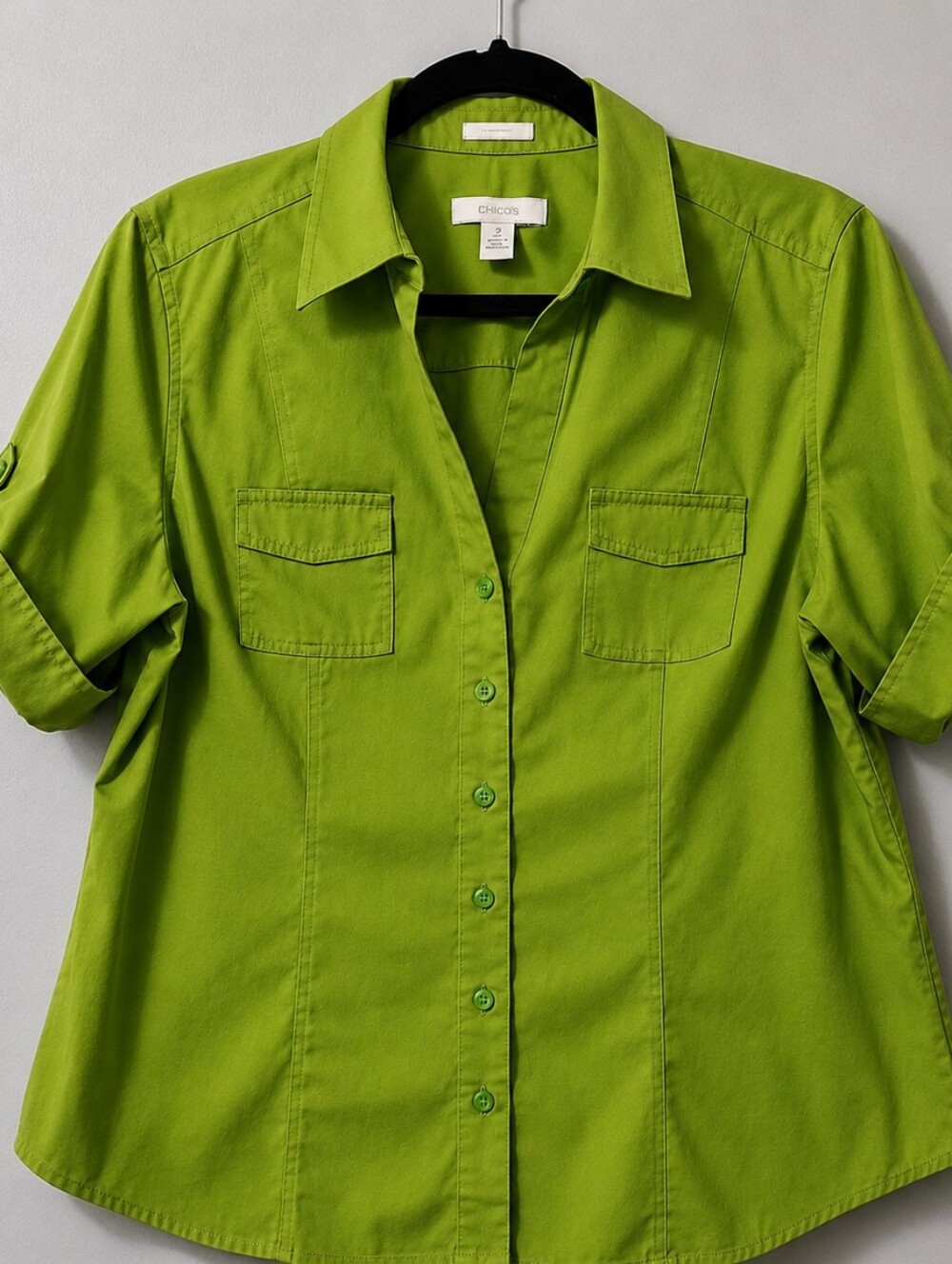 Chico's Bright Lime Green Collared Short Sleeve Button Up Shirt Size 2 (L)